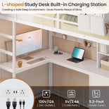 DICTAC | Loft Bed with L-Shaped Desk, Storage Drawers, Shelves & Charging Station, LED Metal Loft Bed (Twin/Full, White)
