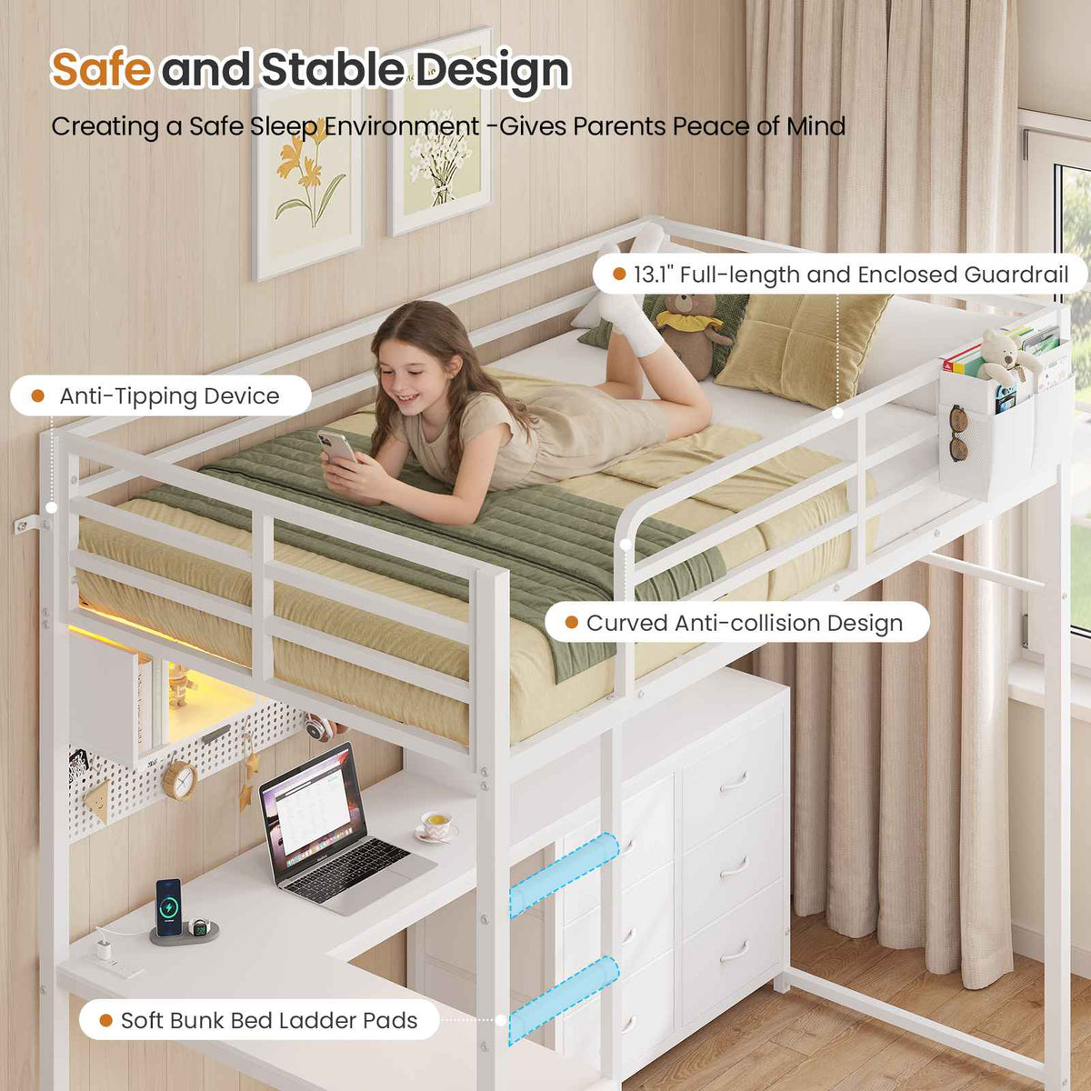 DICTAC | Loft Bed with L-Shaped Desk, Storage Drawers, Shelves & Charging Station, LED Metal Loft Bed (Twin/Full, White)