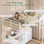 DICTAC | Loft Bed with L-Shaped Desk, Storage Drawers, Shelves & Charging Station, LED Metal Loft Bed (Twin/Full, White)
