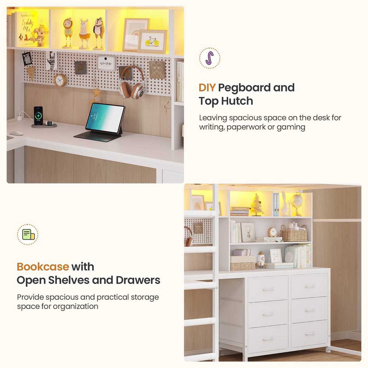DICTAC | Loft Bed with L-Shaped Desk, Storage Drawers, Shelves & Charging Station, LED Metal Loft Bed (Twin/Full, White)