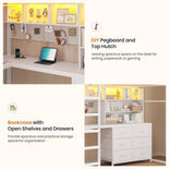 DICTAC | Loft Bed with L-Shaped Desk, Storage Drawers, Shelves & Charging Station, LED Metal Loft Bed (Twin/Full, White)