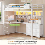 DICTAC | Loft Bed with L-Shaped Desk, Storage Drawers, Shelves & Charging Station, LED Metal Loft Bed (Twin/Full, White)