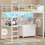 DICTAC | Loft Bed with L-Shaped Desk, Storage Drawers, Shelves & Charging Station, LED Metal Loft Bed (Twin/Full, White)