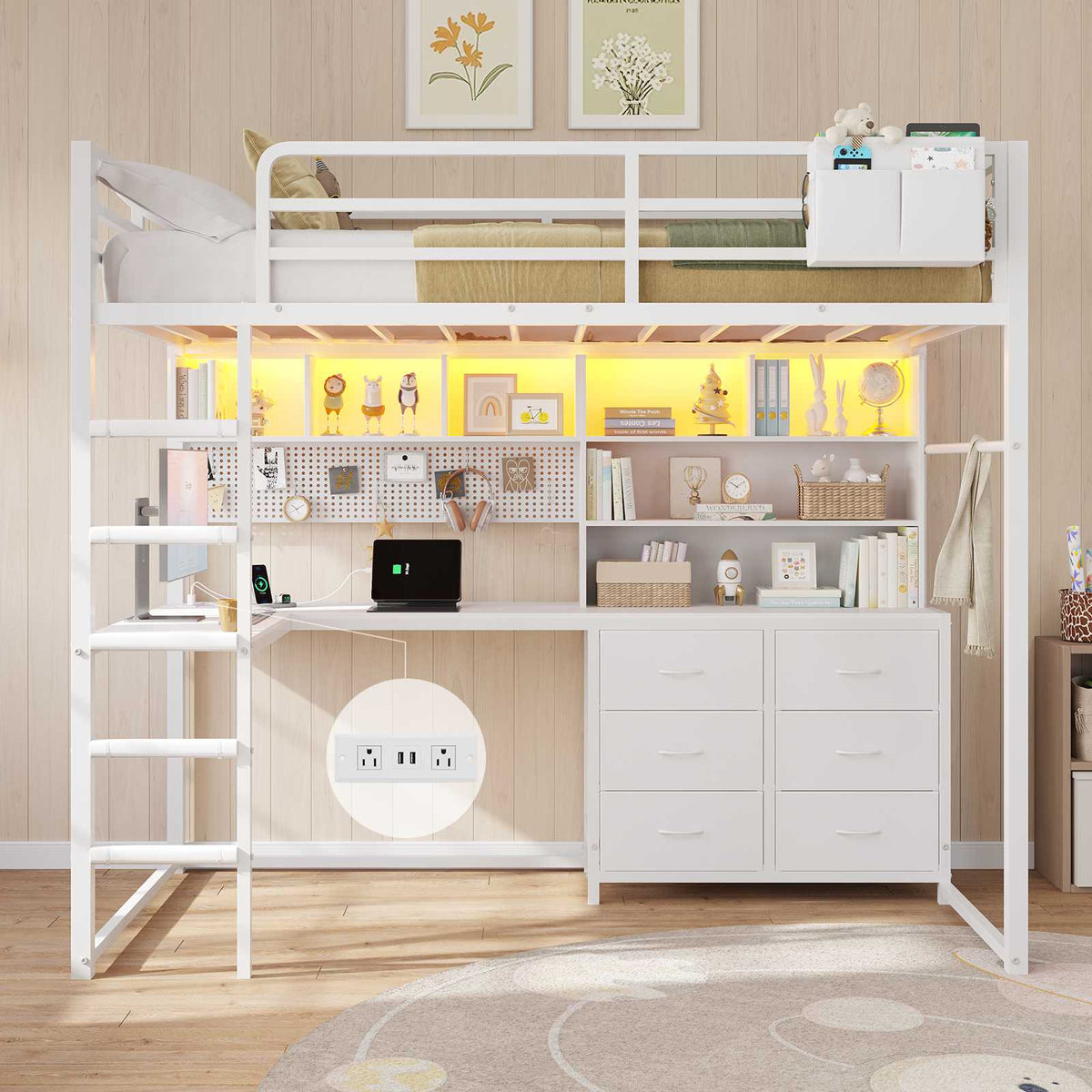 DICTAC | Loft Bed with L-Shaped Desk, Storage Drawers, Shelves & Charging Station, LED Metal Loft Bed (Twin/Full, White)