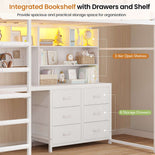 DICTAC | Loft Bed with L-Shaped Desk, Storage Drawers, Shelves & Charging Station, LED Metal Loft Bed (Twin/Full, White)