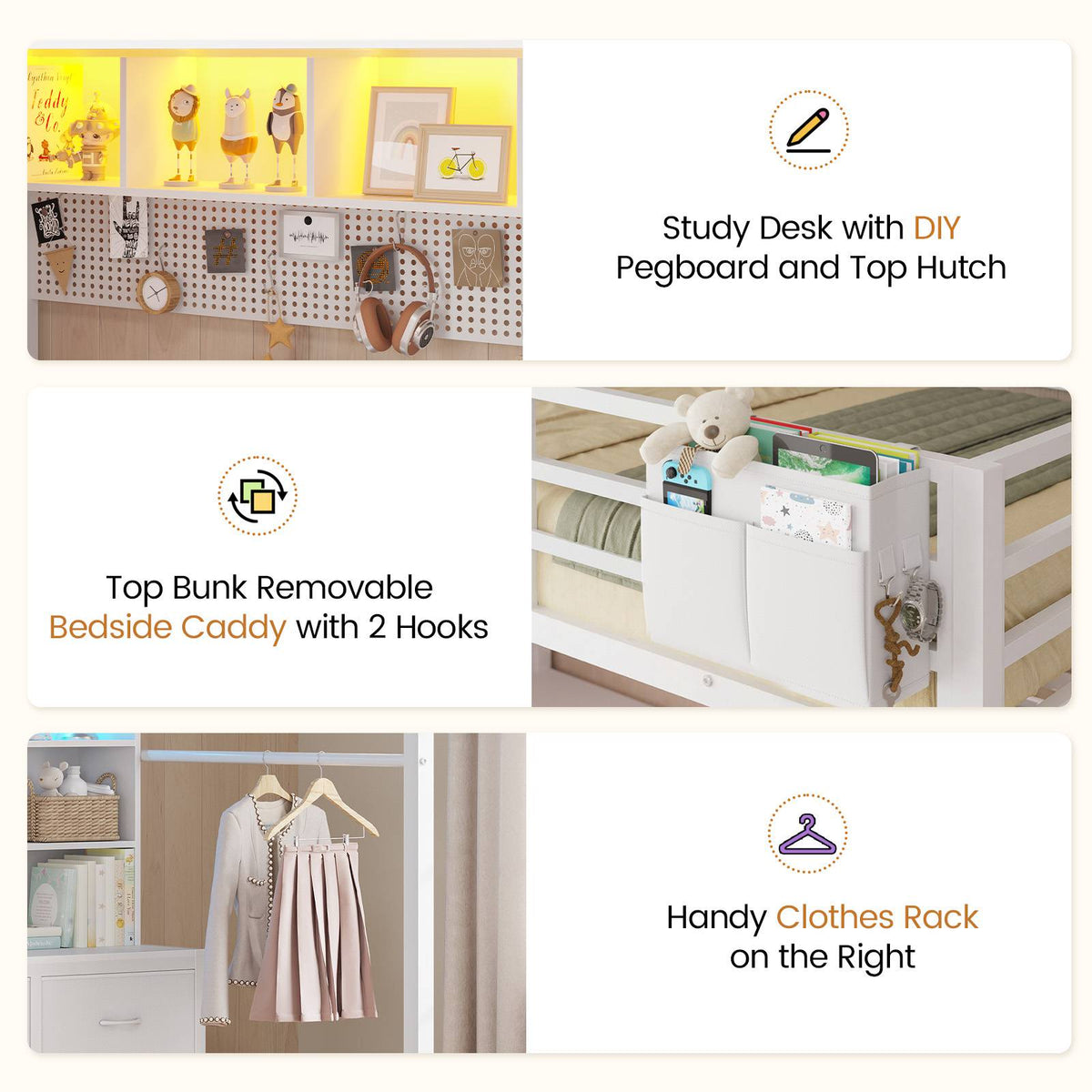DICTAC | Loft Bed with L-Shaped Desk, Storage Drawers, Shelves & Charging Station, LED Metal Loft Bed (Twin/Full, White)