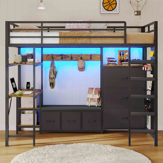 DICTAC | Twin Loft Bed with Desk, 6 Storage Drawers, Coat Rack, LED Lights & Charging Station, Metal Loft Bed with Shelves & Pegboard (Black)