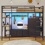 DICTAC | Twin Loft Bed with Desk, 6 Storage Drawers, Coat Rack, LED Lights & Charging Station, Metal Loft Bed with Shelves & Pegboard (Black)