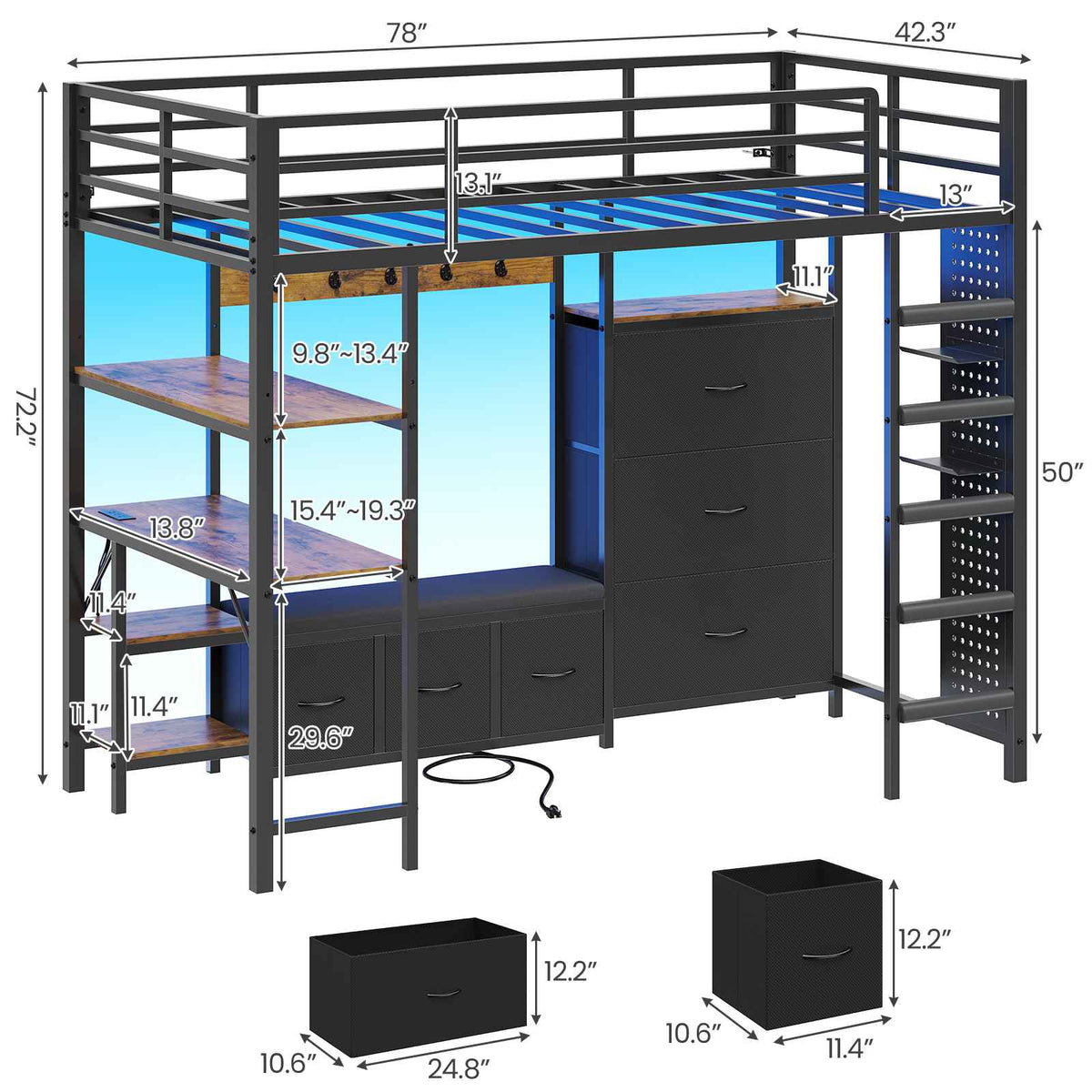DICTAC | Twin Loft Bed with Desk, 6 Storage Drawers, Coat Rack, LED Lights & Charging Station, Metal Loft Bed with Shelves & Pegboard (Black)