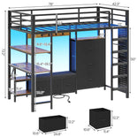 DICTAC | Twin Loft Bed with Desk, 6 Storage Drawers, Coat Rack, LED Lights & Charging Station, Metal Loft Bed with Shelves & Pegboard (Black)