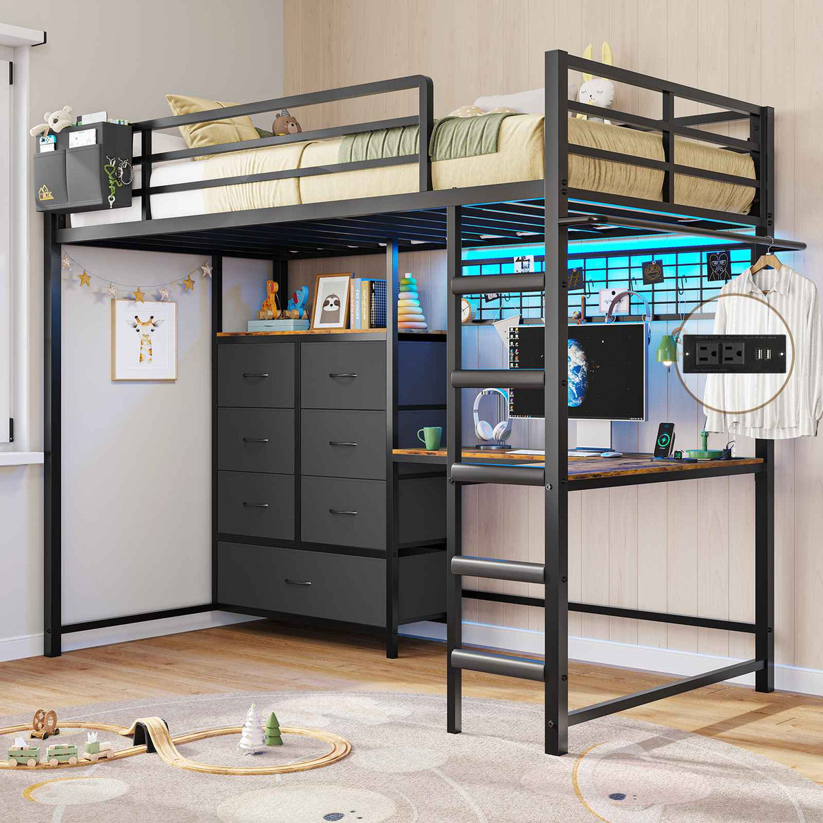 DICTAC | Full Loft Bed with L-Shaped Desk, 7 Storage Drawers, LED Lights & Charging Station, Metal Loft Bed for Teens (Black)