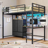DICTAC | Full Loft Bed with L-Shaped Desk, 7 Storage Drawers, LED Lights & Charging Station, Metal Loft Bed for Teens (Black)