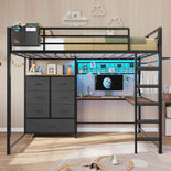 DICTAC | Full Loft Bed with L-Shaped Desk, 7 Storage Drawers, LED Lights & Charging Station, Metal Loft Bed for Teens (Black)