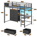 DICTAC | Full Loft Bed with L-Shaped Desk, 7 Storage Drawers, LED Lights & Charging Station, Metal Loft Bed for Teens (Black)