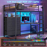 DICTAC | Full Loft Bed with L-Shaped Desk, 7 Storage Drawers, LED Lights & Charging Station, Metal Loft Bed for Teens (Black)