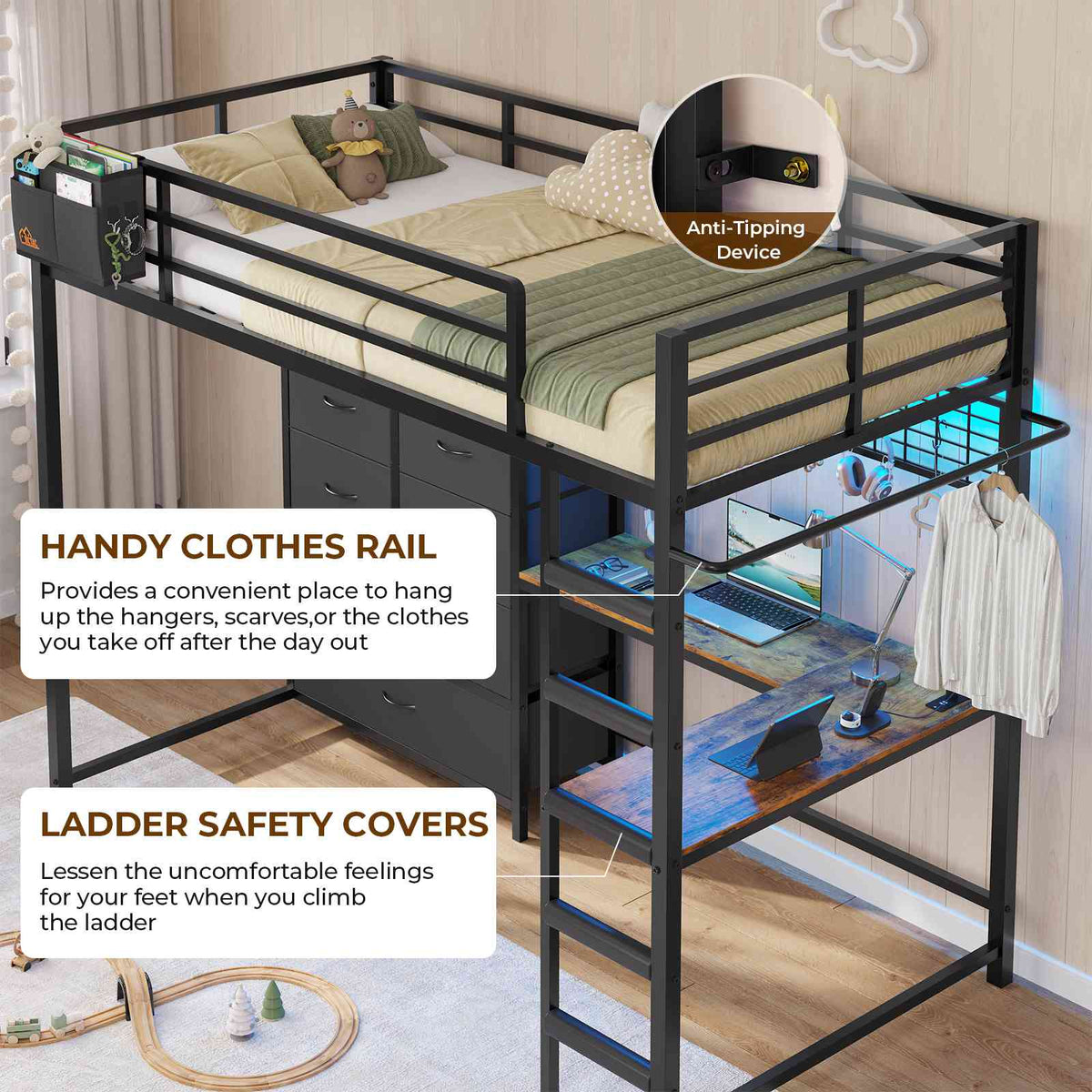 DICTAC | Full Loft Bed with L-Shaped Desk, 7 Storage Drawers, LED Lights & Charging Station, Metal Loft Bed for Teens (Black)