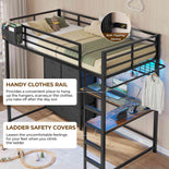 DICTAC | Full Loft Bed with L-Shaped Desk, 7 Storage Drawers, LED Lights & Charging Station, Metal Loft Bed for Teens (Black)