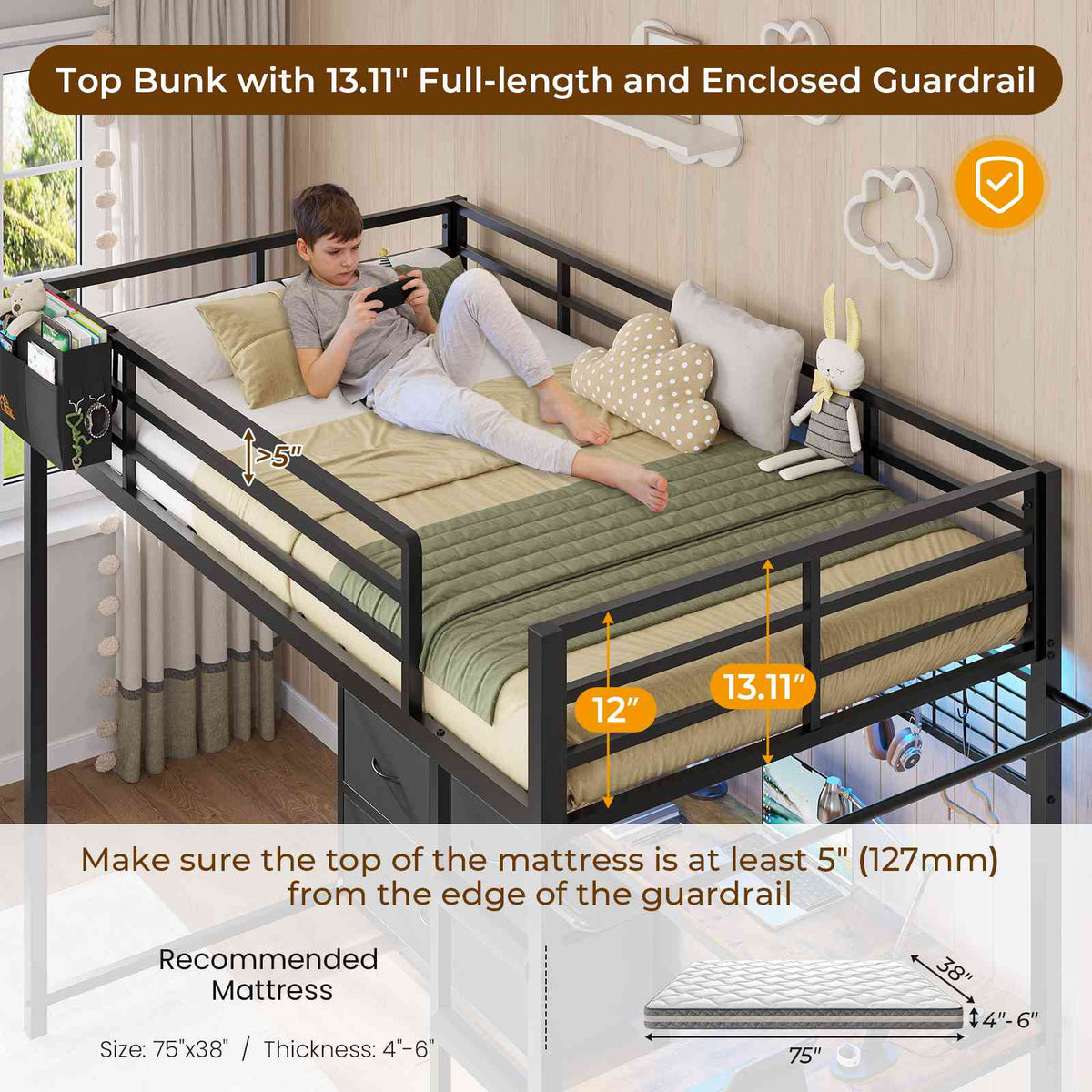 DICTAC | Full Loft Bed with L-Shaped Desk, 7 Storage Drawers, LED Lights & Charging Station, Metal Loft Bed for Teens (Black)