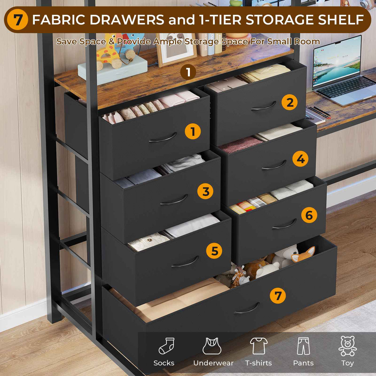DICTAC | Full Loft Bed with L-Shaped Desk, 7 Storage Drawers, LED Lights & Charging Station, Metal Loft Bed for Teens (Black)