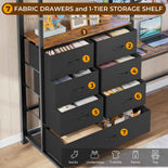 DICTAC | Full Loft Bed with L-Shaped Desk, 7 Storage Drawers, LED Lights & Charging Station, Metal Loft Bed for Teens (Black)