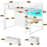 DICTAC | Full Loft Bed with L-Shaped Desk, 7 Storage Drawers, LED Lights & Charging Station, Metal Loft Bed for Teens (Black)