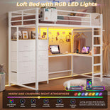 DICTAC | Full Loft Bed with L-Shaped Desk, 7 Storage Drawers, LED Lights & Charging Station, Metal Loft Bed for Teens (Black)