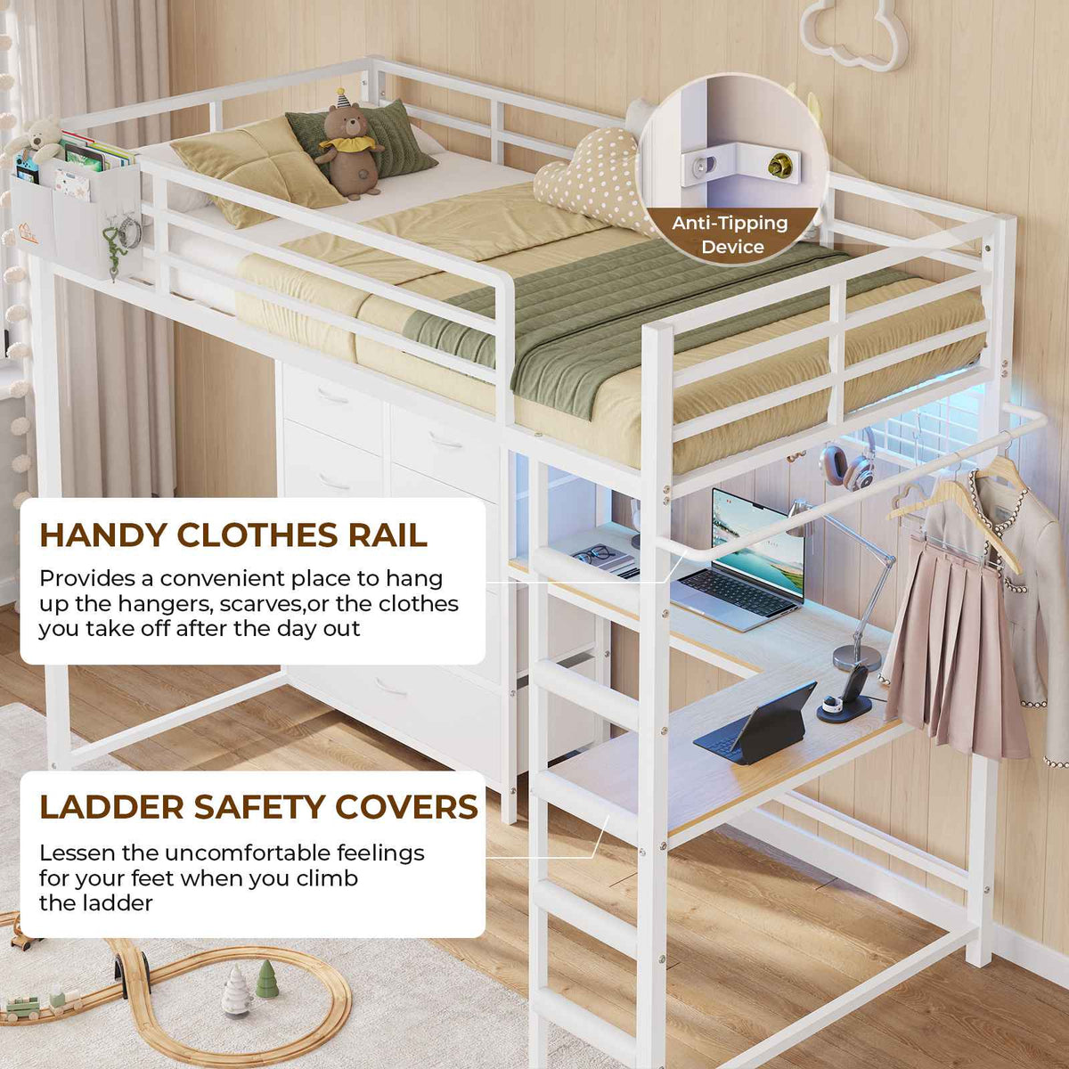 DICTAC | Full Loft Bed with L-Shaped Desk, 7 Storage Drawers, LED Lights & Charging Station, Metal Loft Bed for Teens (Black)