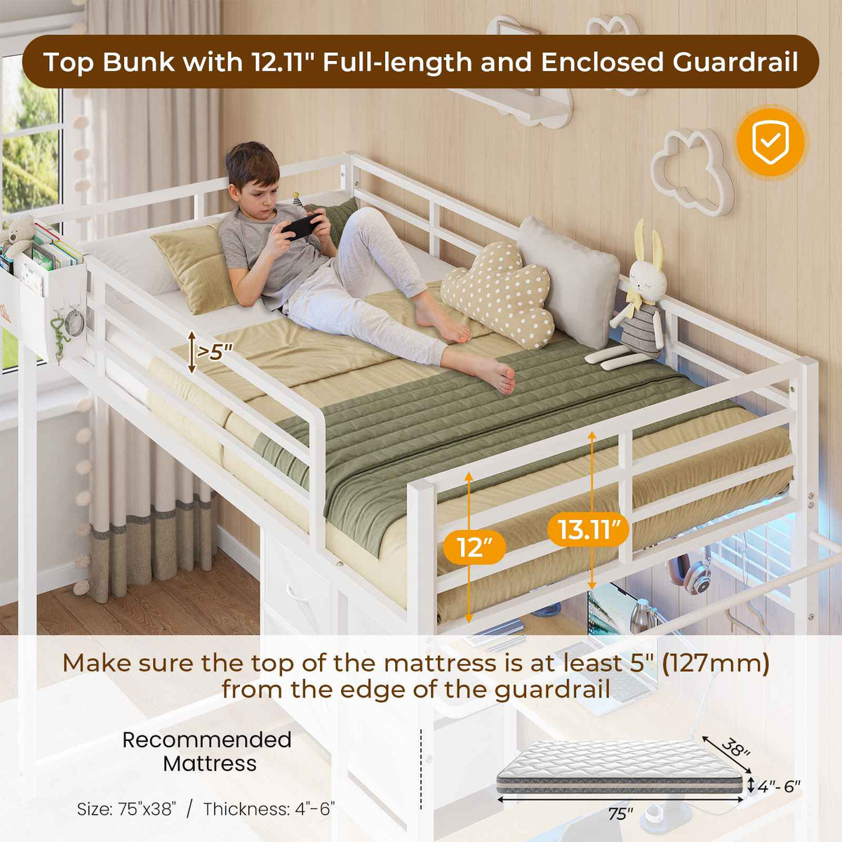 DICTAC | Full Loft Bed with L-Shaped Desk, 7 Storage Drawers, LED Lights & Charging Station, Metal Loft Bed for Teens (Black)