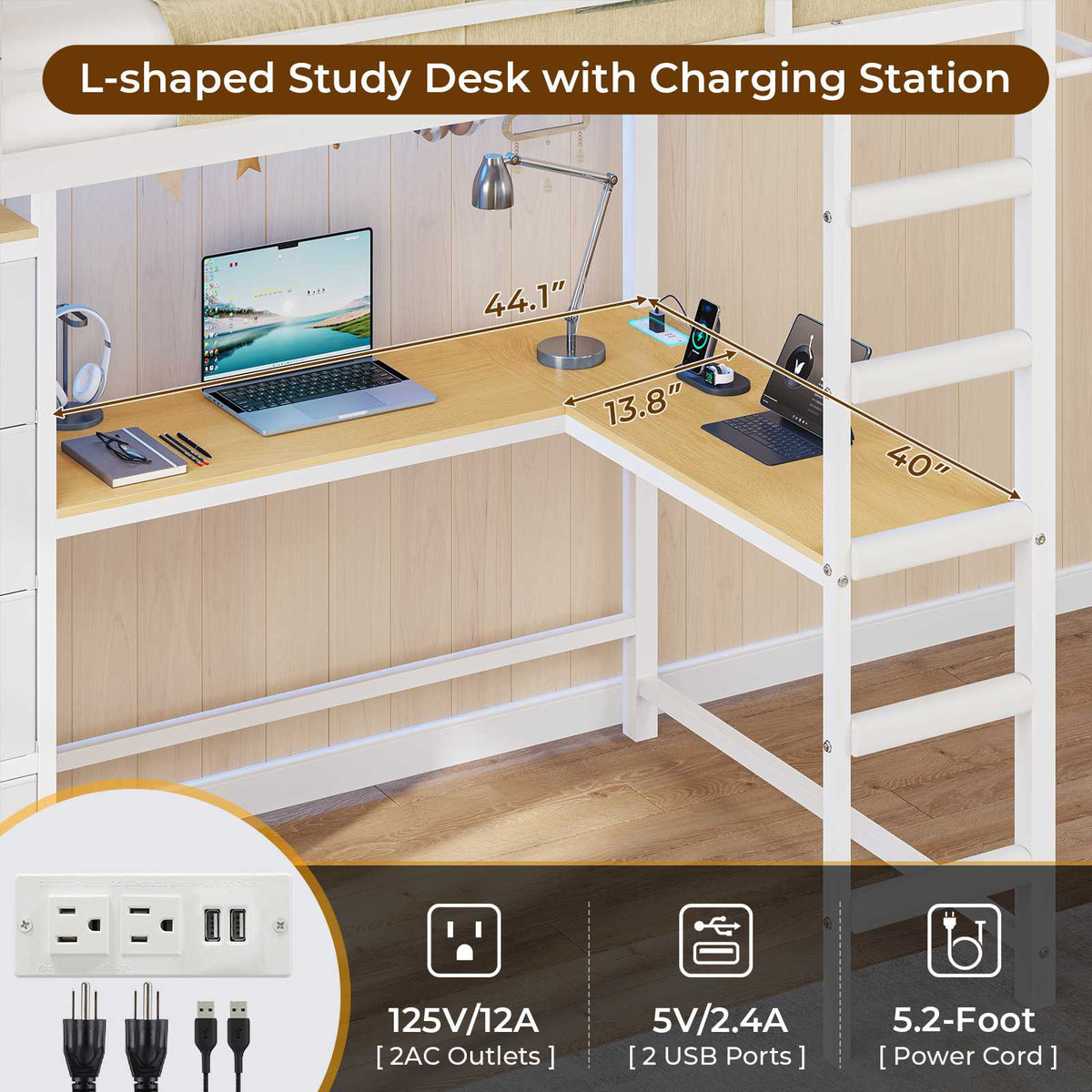 DICTAC | Full Loft Bed with L-Shaped Desk, 7 Storage Drawers, LED Lights & Charging Station, Metal Loft Bed for Teens (Black)