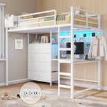 DICTAC | Full Loft Bed with L-Shaped Desk, 7 Storage Drawers, LED Lights & Charging Station, Metal Loft Bed for Teens (Black)