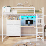 DICTAC | Full Loft Bed with L-Shaped Desk, 7 Storage Drawers, LED Lights & Charging Station, Metal Loft Bed for Teens (Black)