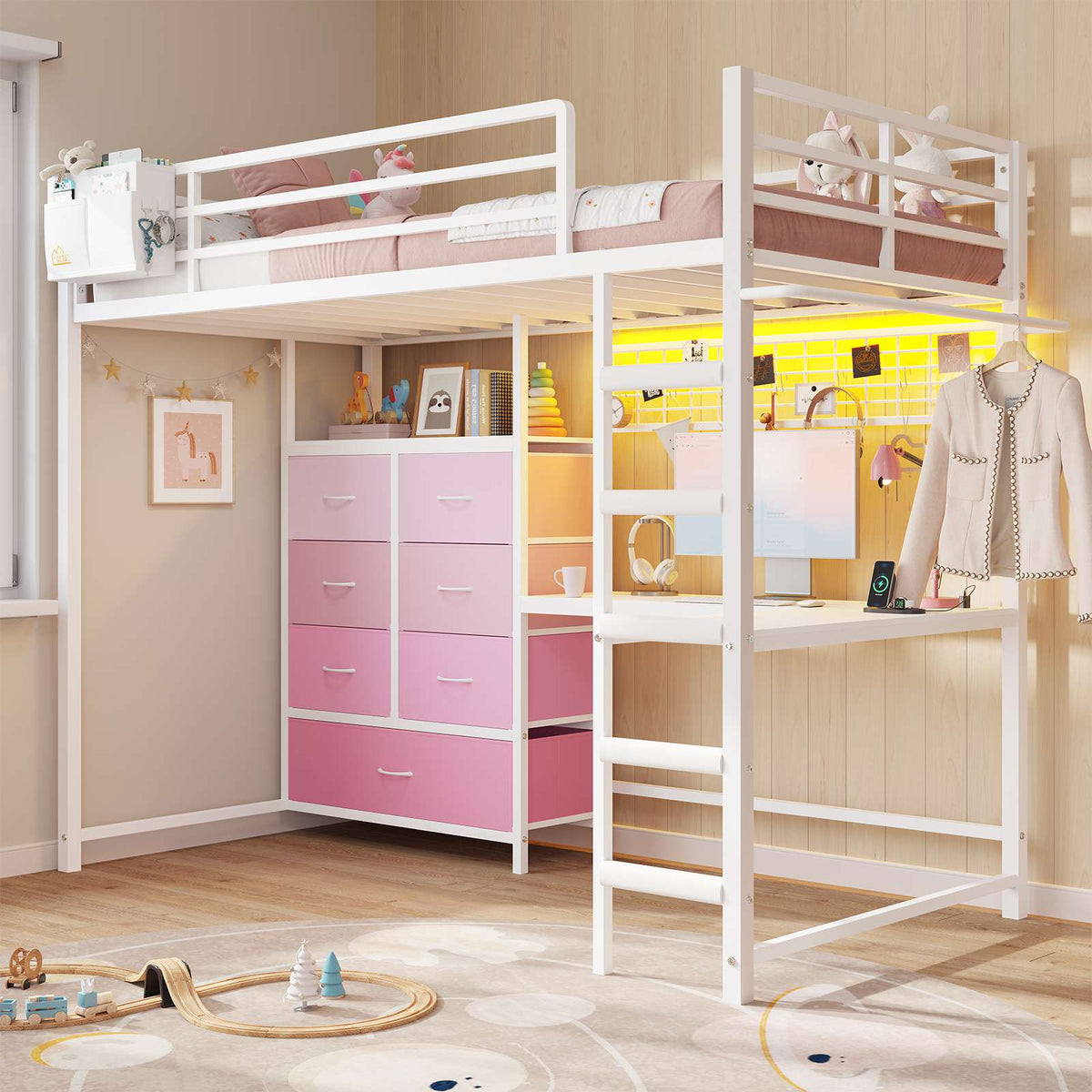 DICTAC | Full Loft Bed with L-Shaped Desk, 7 Storage Drawers, LED Lights & Charging Station, Metal Loft Bed for Teens (Black)