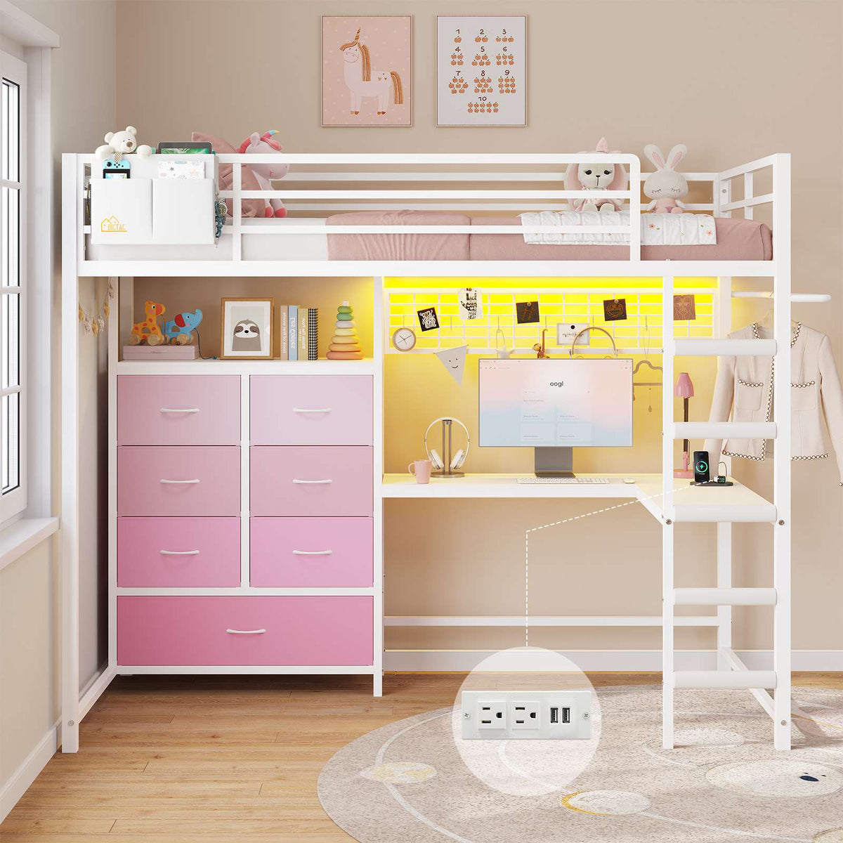 DICTAC | Full Loft Bed with L-Shaped Desk, 7 Storage Drawers, LED Lights & Charging Station, Metal Loft Bed for Teens (Black)