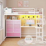 DICTAC | Full Loft Bed with L-Shaped Desk, 7 Storage Drawers, LED Lights & Charging Station, Metal Loft Bed for Teens (Black)