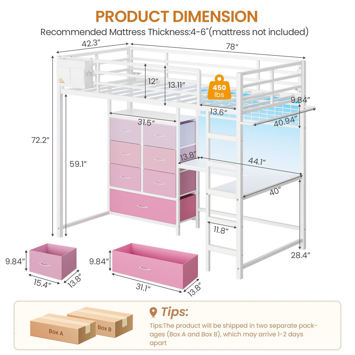 DICTAC | Full Loft Bed with L-Shaped Desk, 7 Storage Drawers, LED Lights & Charging Station, Metal Loft Bed for Teens (Black)