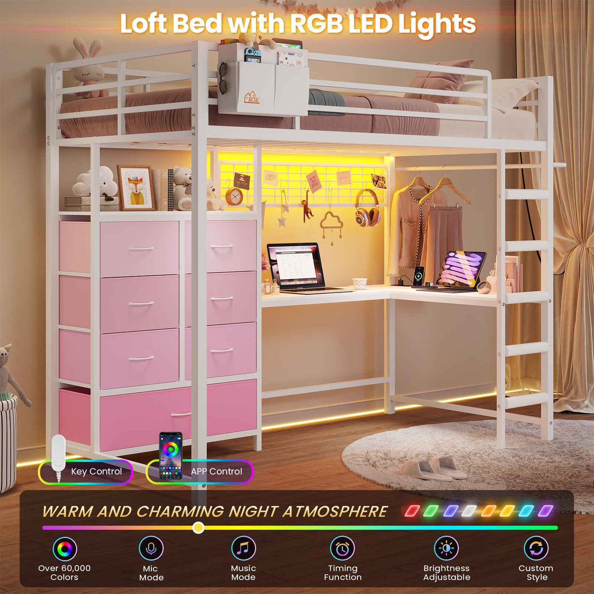DICTAC | Full Loft Bed with L-Shaped Desk, 7 Storage Drawers, LED Lights & Charging Station, Metal Loft Bed for Teens (Black)