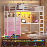 DICTAC | Full Loft Bed with L-Shaped Desk, 7 Storage Drawers, LED Lights & Charging Station, Metal Loft Bed for Teens (Black)
