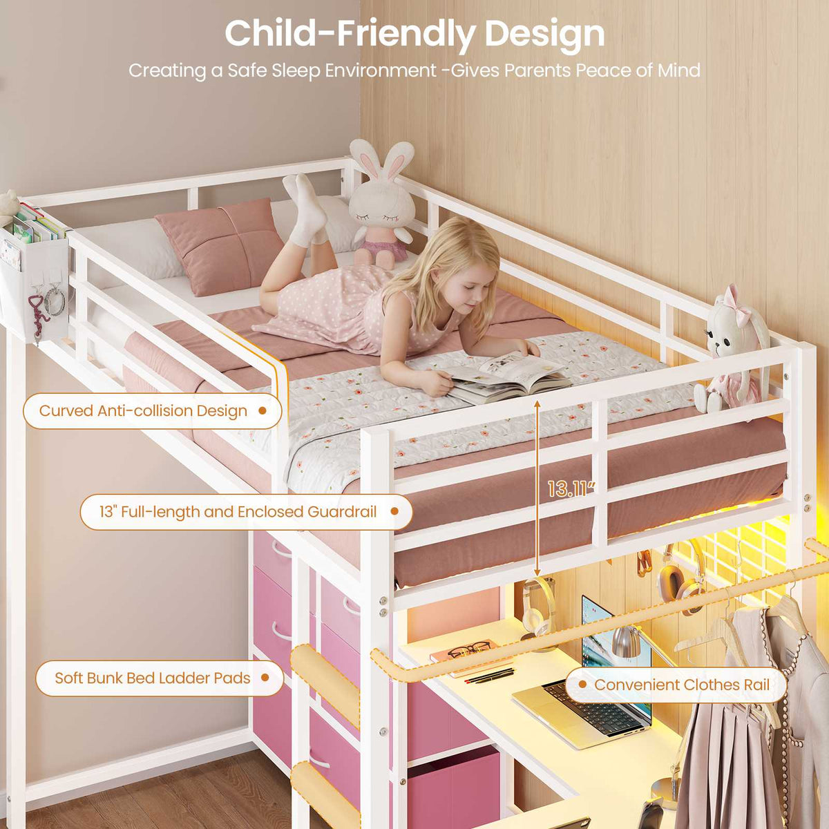 DICTAC | Full Loft Bed with L-Shaped Desk, 7 Storage Drawers, LED Lights & Charging Station, Metal Loft Bed for Teens (Black)