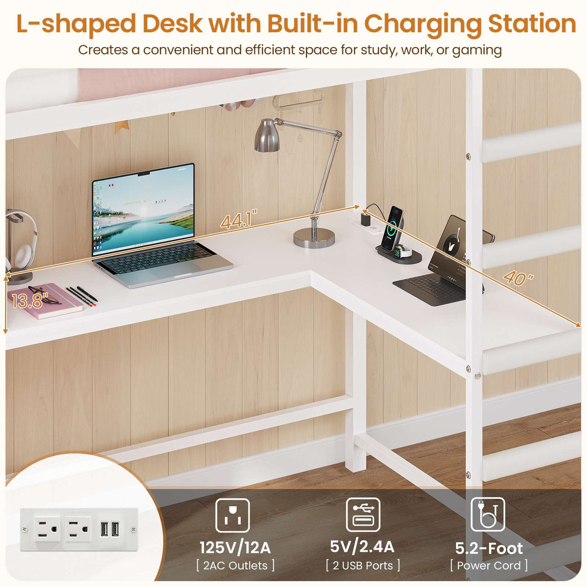 DICTAC | Full Loft Bed with L-Shaped Desk, 7 Storage Drawers, LED Lights & Charging Station, Metal Loft Bed for Teens (Black)