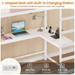 DICTAC | Full Loft Bed with L-Shaped Desk, 7 Storage Drawers, LED Lights & Charging Station, Metal Loft Bed for Teens (Black)