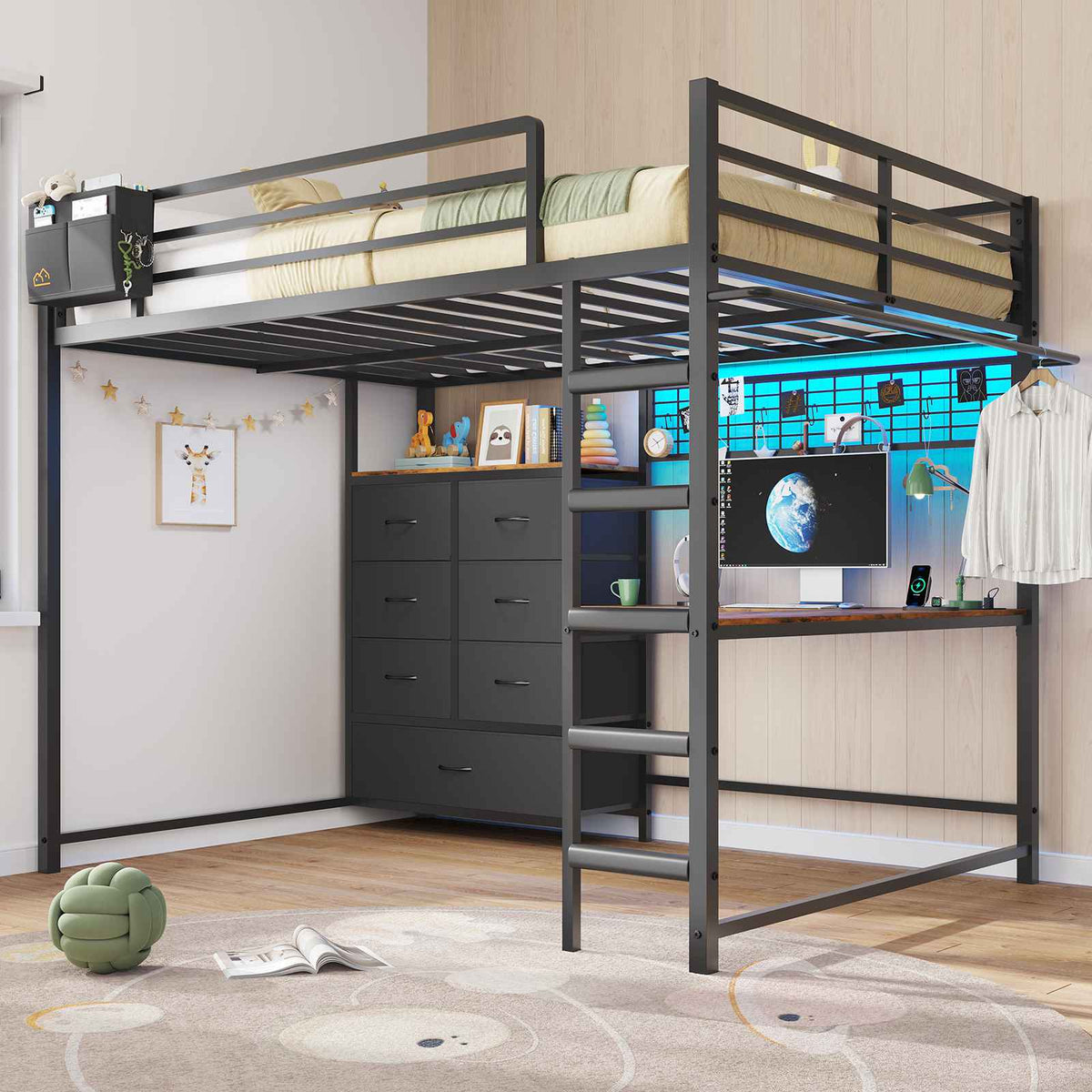 DICTAC | Full Loft Bed with L-Shaped Desk, 7 Storage Drawers, LED Lights & Charging Station, Metal Loft Bed for Teens (Black)