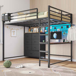 DICTAC | Full Loft Bed with L-Shaped Desk, 7 Storage Drawers, LED Lights & Charging Station, Metal Loft Bed for Teens (Black)