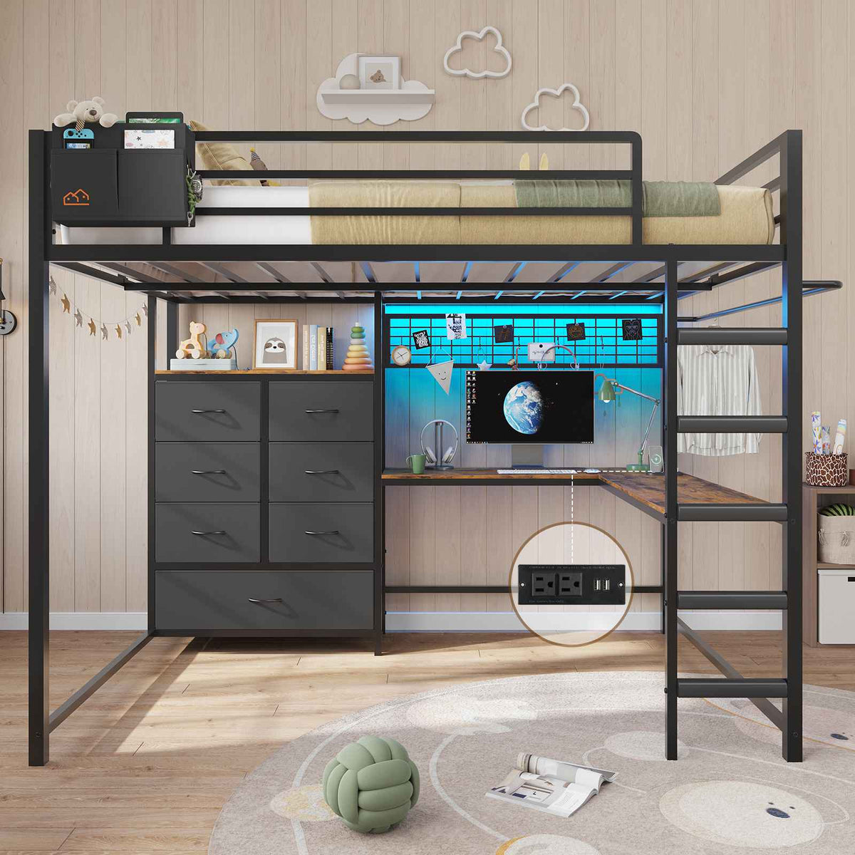 DICTAC | Full Loft Bed with L-Shaped Desk, 7 Storage Drawers, LED Lights & Charging Station, Metal Loft Bed for Teens (Black)