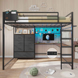 DICTAC | Full Loft Bed with L-Shaped Desk, 7 Storage Drawers, LED Lights & Charging Station, Metal Loft Bed for Teens (Black)