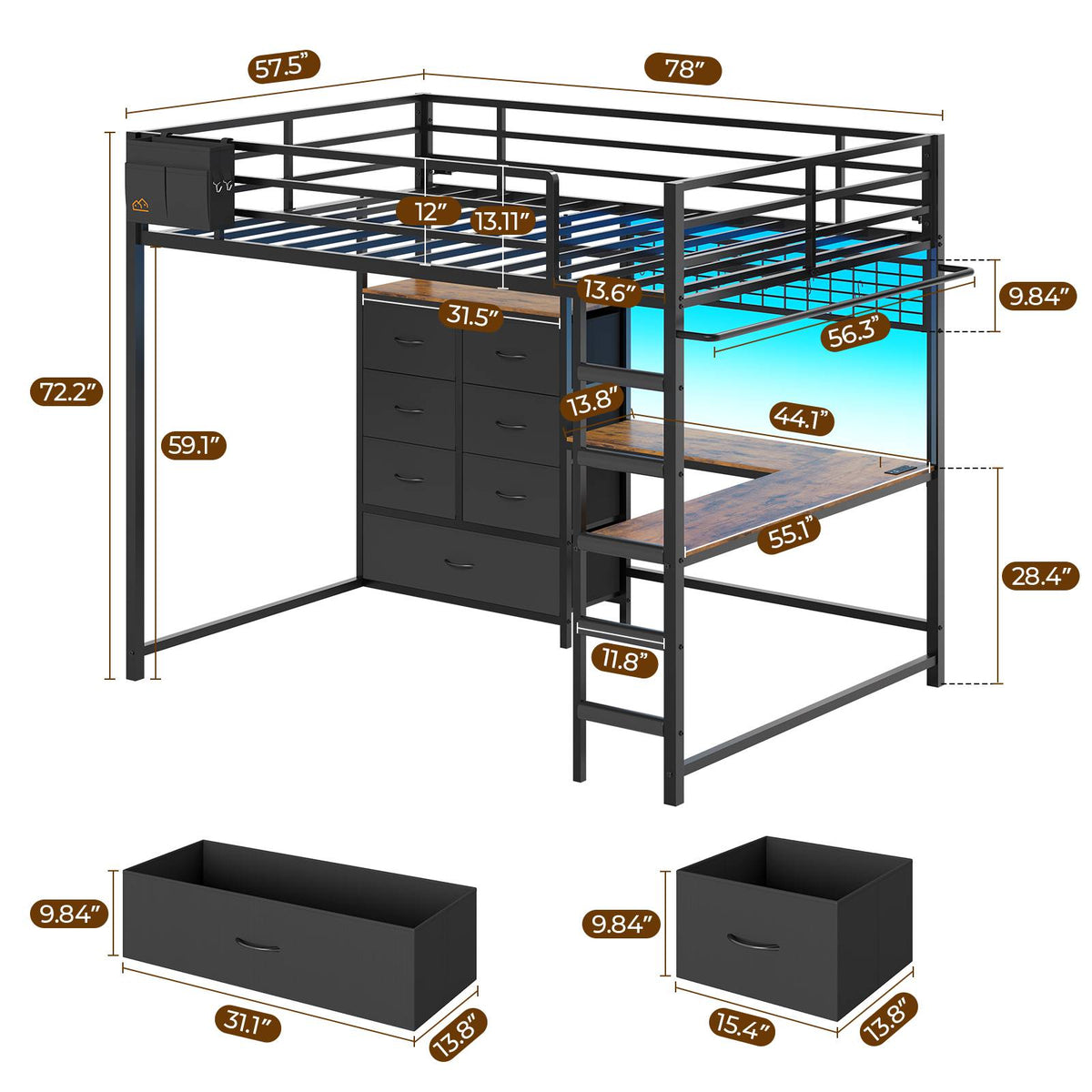 DICTAC | Full Loft Bed with L-Shaped Desk, 7 Storage Drawers, LED Lights & Charging Station, Metal Loft Bed for Teens (Black)
