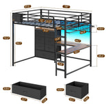 DICTAC | Full Loft Bed with L-Shaped Desk, 7 Storage Drawers, LED Lights & Charging Station, Metal Loft Bed for Teens (Black)