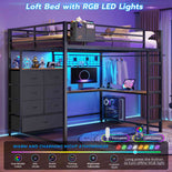 DICTAC | Full Loft Bed with L-Shaped Desk, 7 Storage Drawers, LED Lights & Charging Station, Metal Loft Bed for Teens (Black)