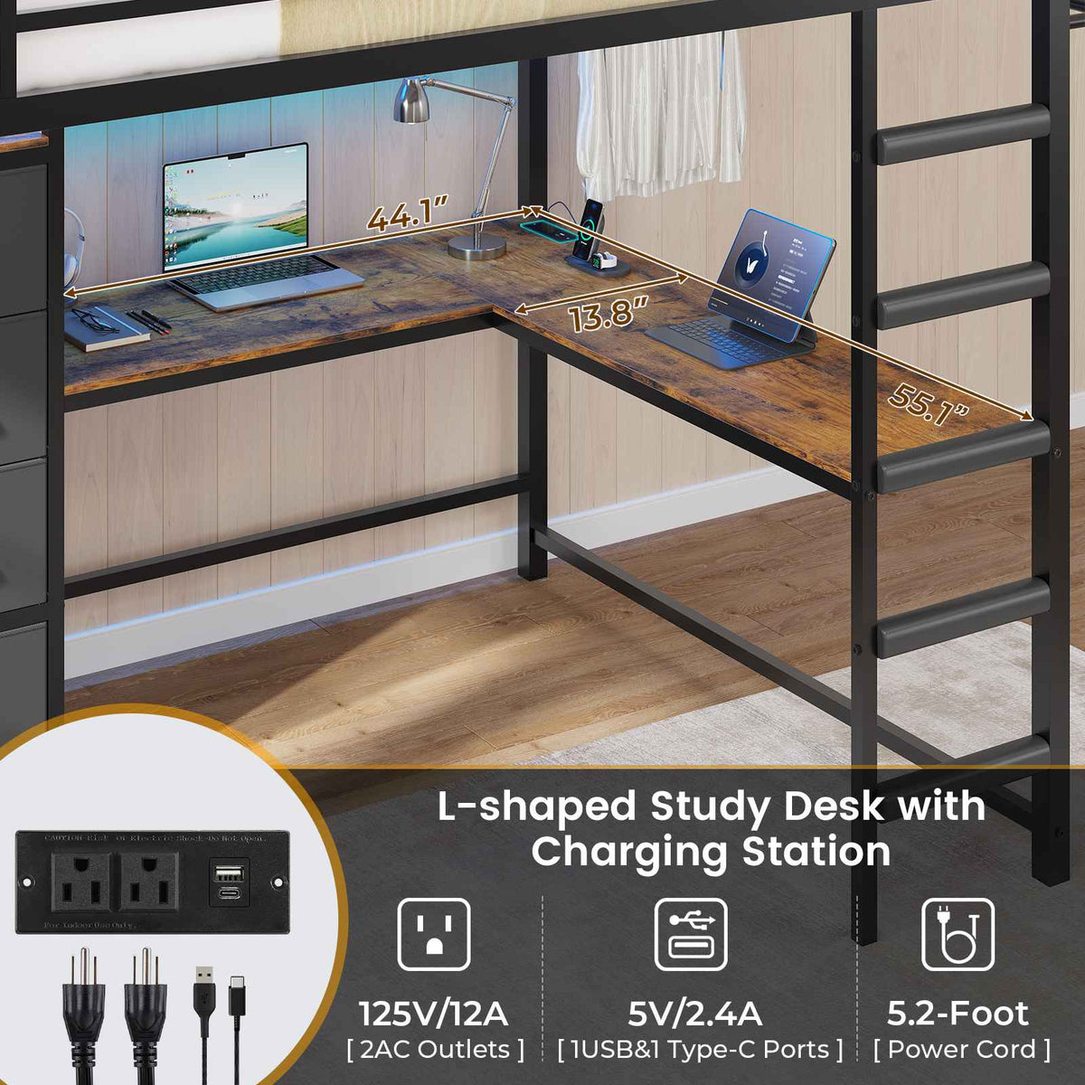 DICTAC | Full Loft Bed with L-Shaped Desk, 7 Storage Drawers, LED Lights & Charging Station, Metal Loft Bed for Teens (Black)