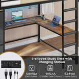 DICTAC | Full Loft Bed with L-Shaped Desk, 7 Storage Drawers, LED Lights & Charging Station, Metal Loft Bed for Teens (Black)