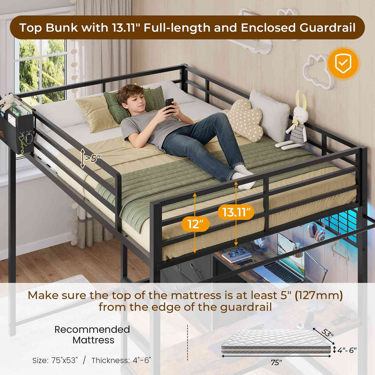 DICTAC | Full Loft Bed with L-Shaped Desk, 7 Storage Drawers, LED Lights & Charging Station, Metal Loft Bed for Teens (Black)